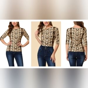 📢SALE Allegra K Women's Elbow Sleeve Round Neck Snakeskin Print T-shirt XL NWT